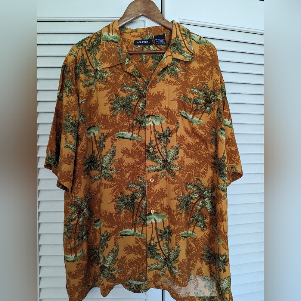 Vintage Puritan Hawaiian Shirt Tropical beach palm trees button down
